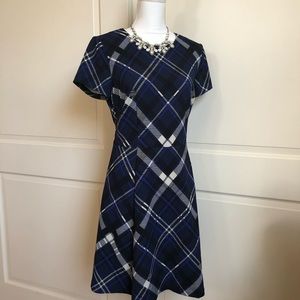 Vince Camuto Fit and Flare Black, Blue Plaid Dress